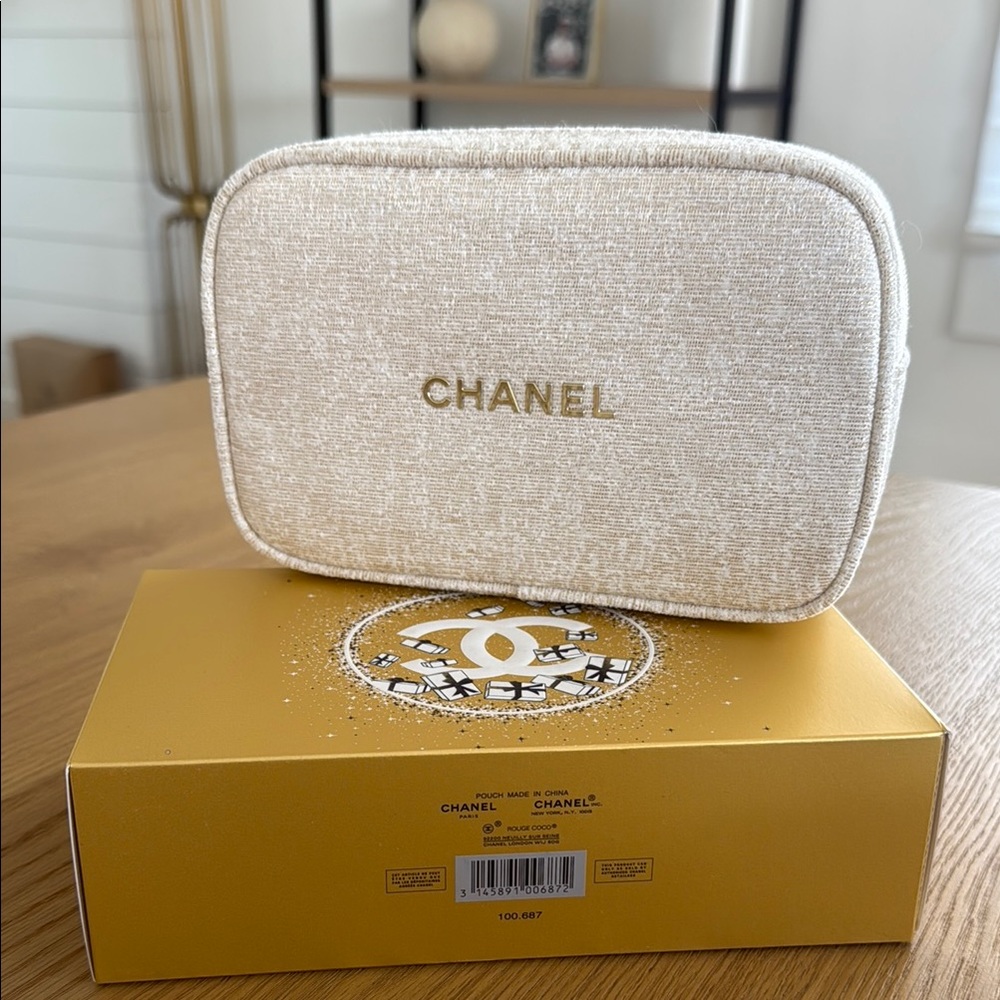 Chanel Cream Cosmetic Bag with Textured Finish
